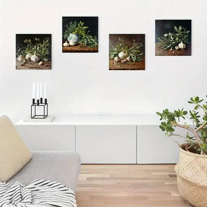 4pcs Herbs And Garlic Still Life Wall Art Canvas Framed