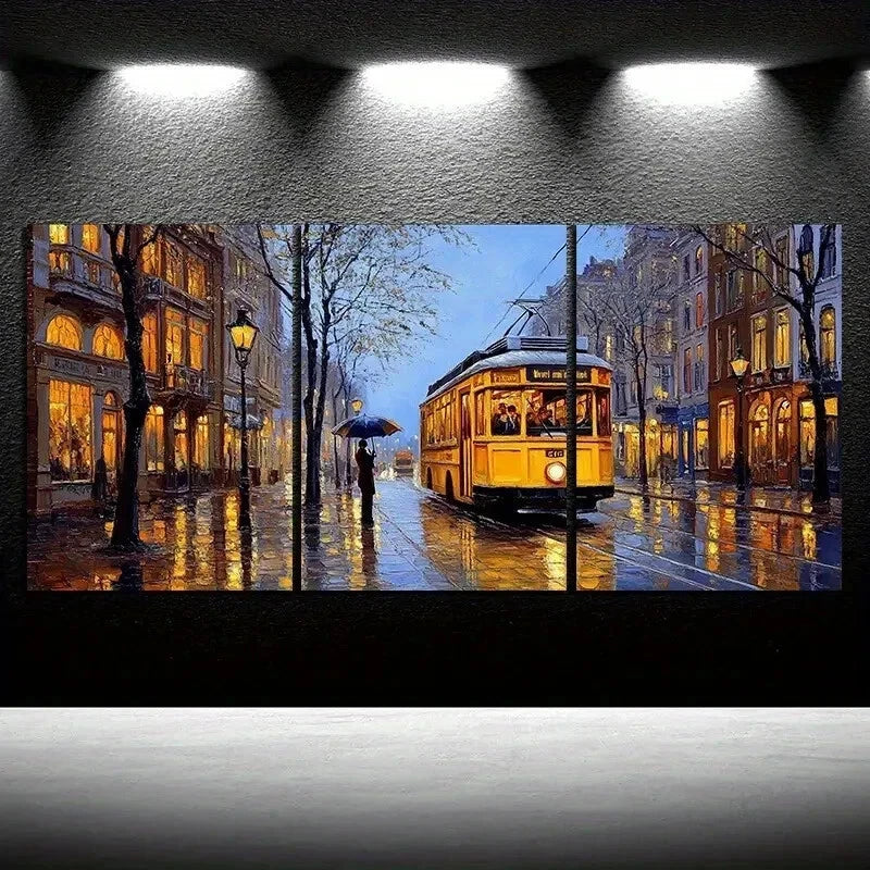 3pcs Rainy Street Golden Themed Wall Art Set Canvas Framed 50x70cm – High Quality Print 100% Australian Made Wall Canvas Ready to Hang