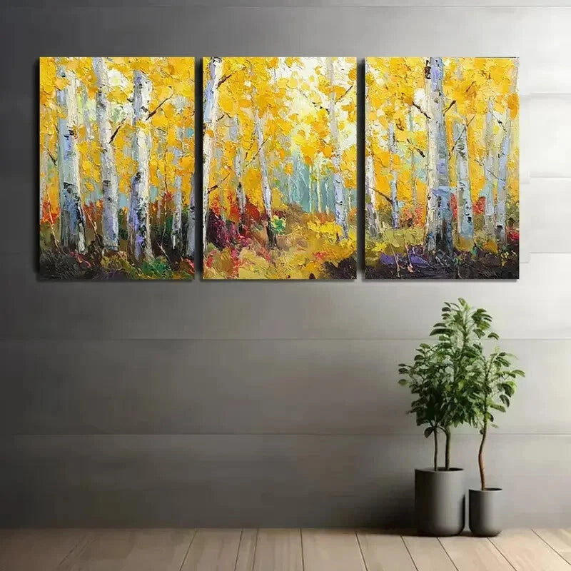 3pcs Grove in Autumn with Yellow Leaves Metal Print Ready to Hang Art