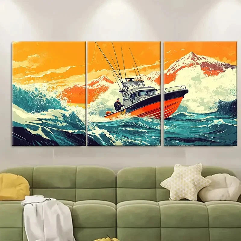 3pcs Fishing Adventure Sea Angling Boating Metal Print Ready to Hang Art