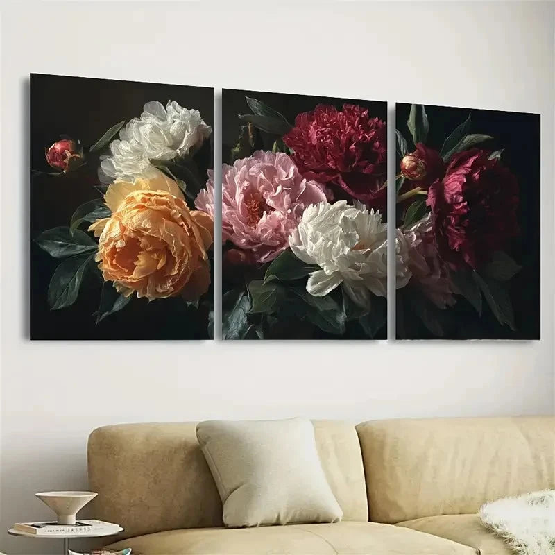 3pcs Rustic Vintage Moody Peonies Floral Art Wall Art Set Canvas Framed 60x90cm - High Quality Print 100% Australian Made Wall Canvas Ready to Hang