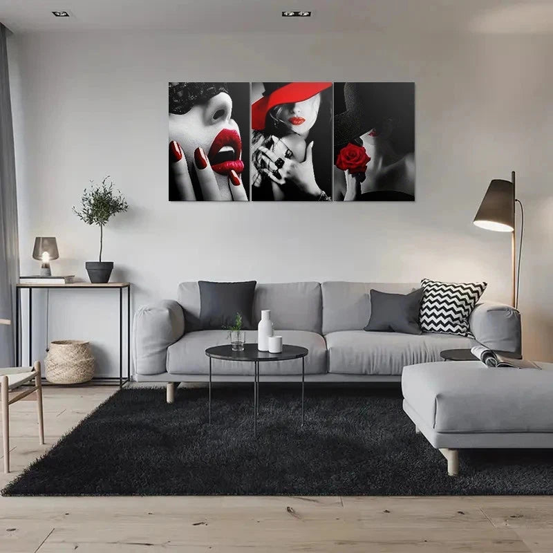 3pcs Red Lipstick and Rose Modern Black and White Metal Print Ready to Hang Art