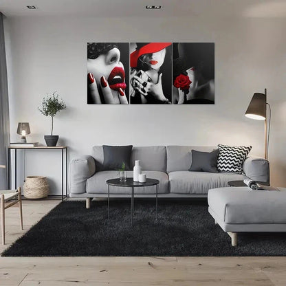 3pcs Red Lipstick and Rose Modern Black and White Metal Print Ready to Hang Art