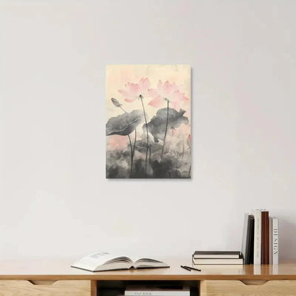 Art print of lotus flowers on a wall above a wooden shelf with books and an open book.