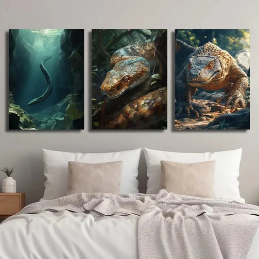 3pcs Sea Serpent in Cave & Komodo Dragon Metal Print Ready to Hang Art
