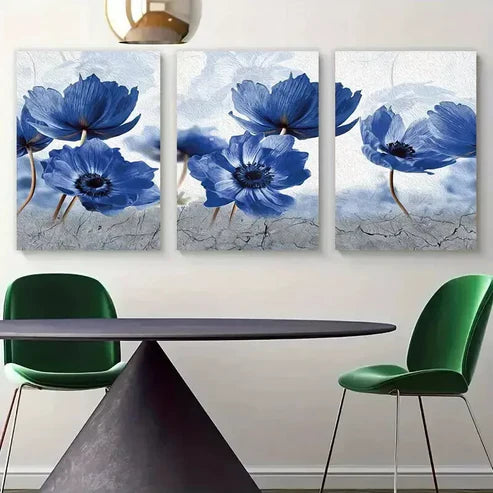 3pcs Blue Flowers Posters Abstract Flower Canvas Framed 60x90 cm - High Quality Print 100% Australian Made Wall Canvas Ready to Hang