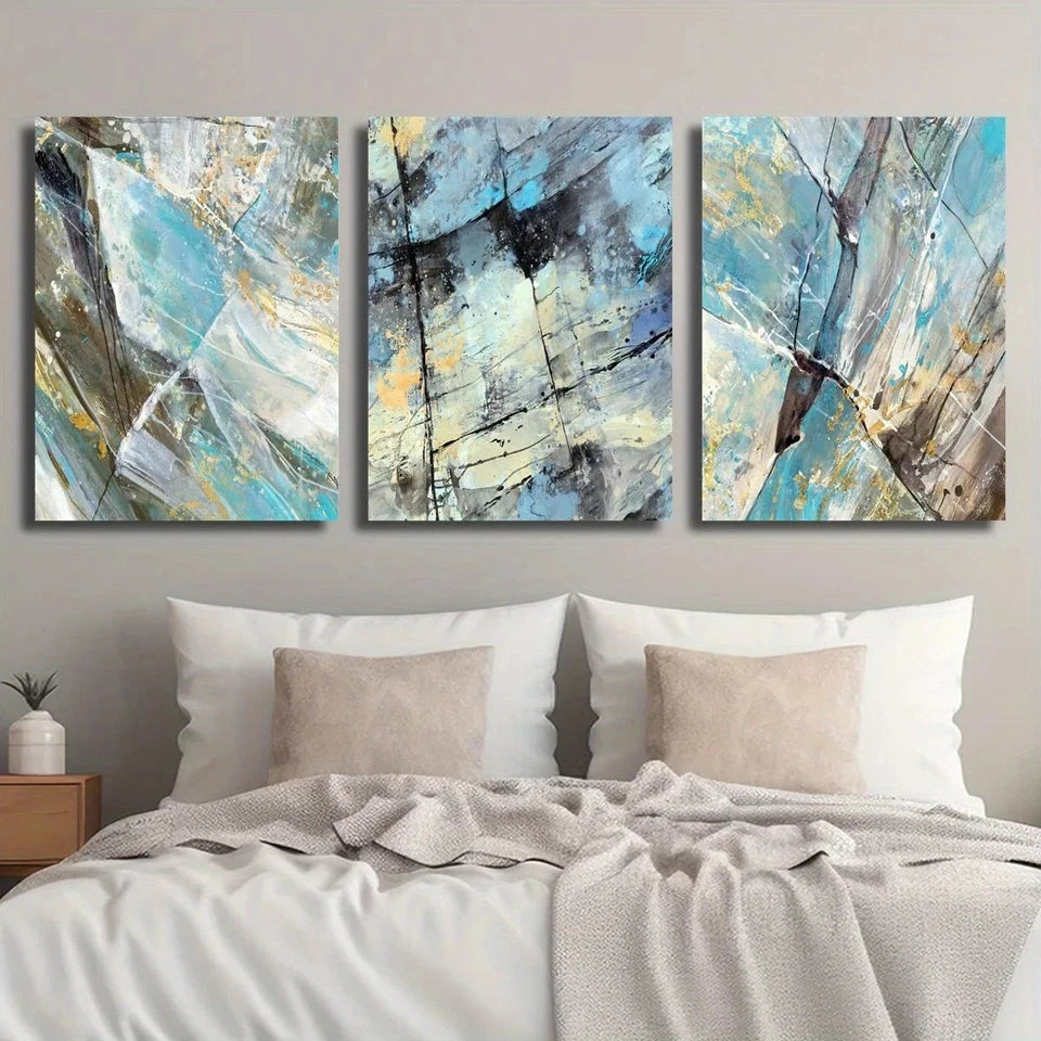 3pcs Golden Foil Marble Texture Blue and Green Metal Print Ready to Hang Art