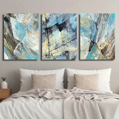 3pcs Golden Foil Marble Texture Blue and Green Metal Print Ready to Hang Art