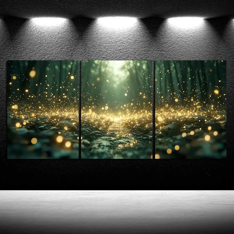 3pcs Fireflies In The Forest Golden Metal Print Ready to Hang Art