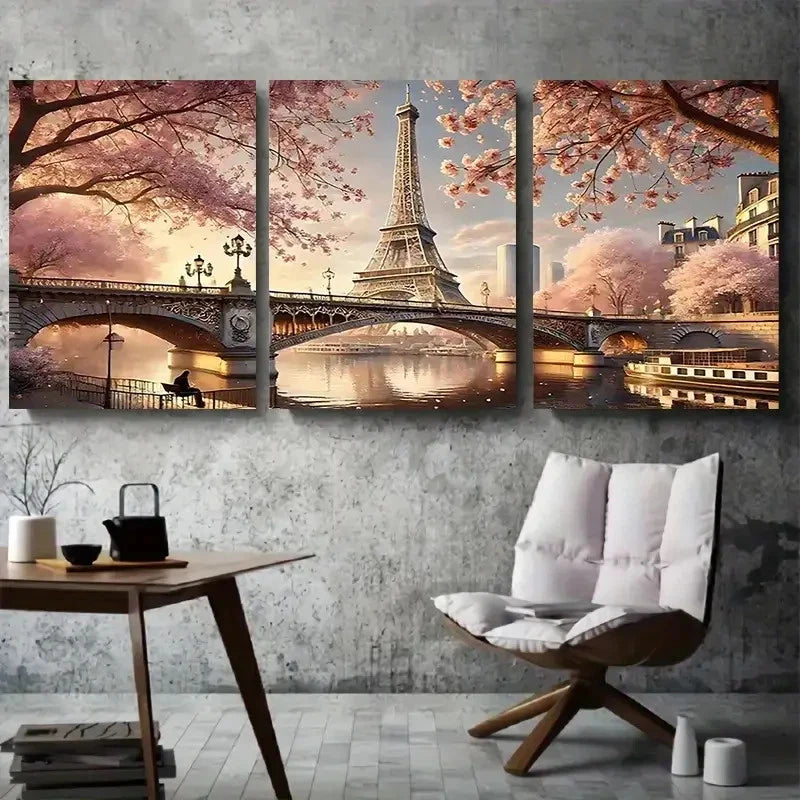 3pcs Paris Eiffel Tower Cherry Blossom Metal Print Ready to Hang Art