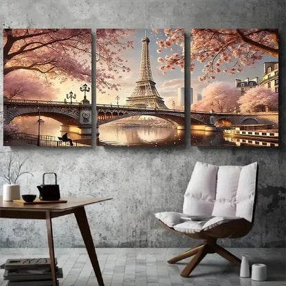 3pcs Paris Eiffel Tower Cherry Blossom Metal Print Ready to Hang Art