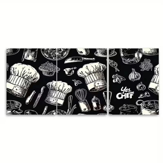 3pcs Chef Hats, Spatulas & Utensils Design Wall Art Set Canvas Framed 40x60cm - High Quality Print 100% Australian Made Wall Canvas Ready to Hang