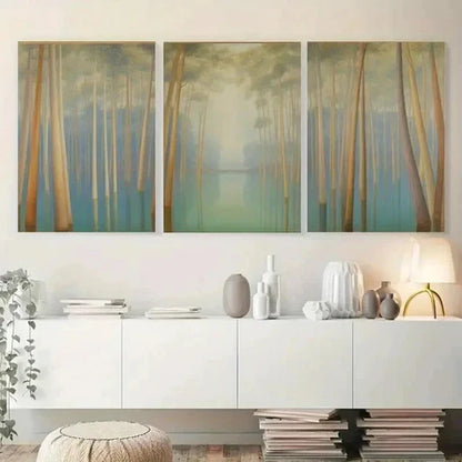 3pcs Tall Trees, Misty Forest, Water Reflection Wall Art Set Canvas Unframed - High Quality Print 100% Australian Made Wall Canvas