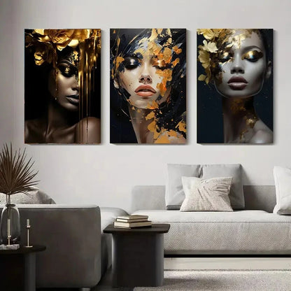 3pcs Golden Floral Portrait Women Décor Perfect Wall Art Set Canvas Framed 40x60cm - High Quality Print 100% Australian Made Wall Canvas Ready to Hang