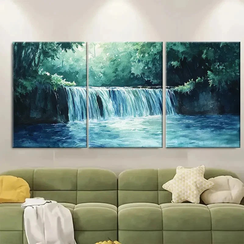 3pcs Forest Waterfall Cascade Watercolor Wall Art Set Canvas Framed 60x90cm - High Quality Print 100% Australian Made Wall Canvas Ready to Hang