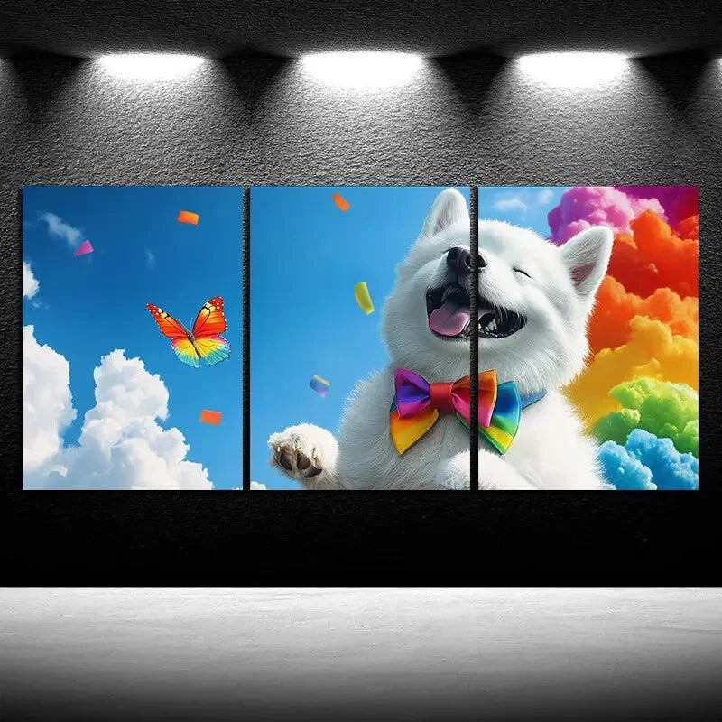 3pcs The Smiling Dog Under The Rainbow Metal Print Ready to Hang Art