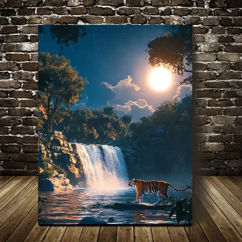 Tiger Waterfall At Sunset Hyper Realistic Painting 40x60cm Metal Print Ready to Hang