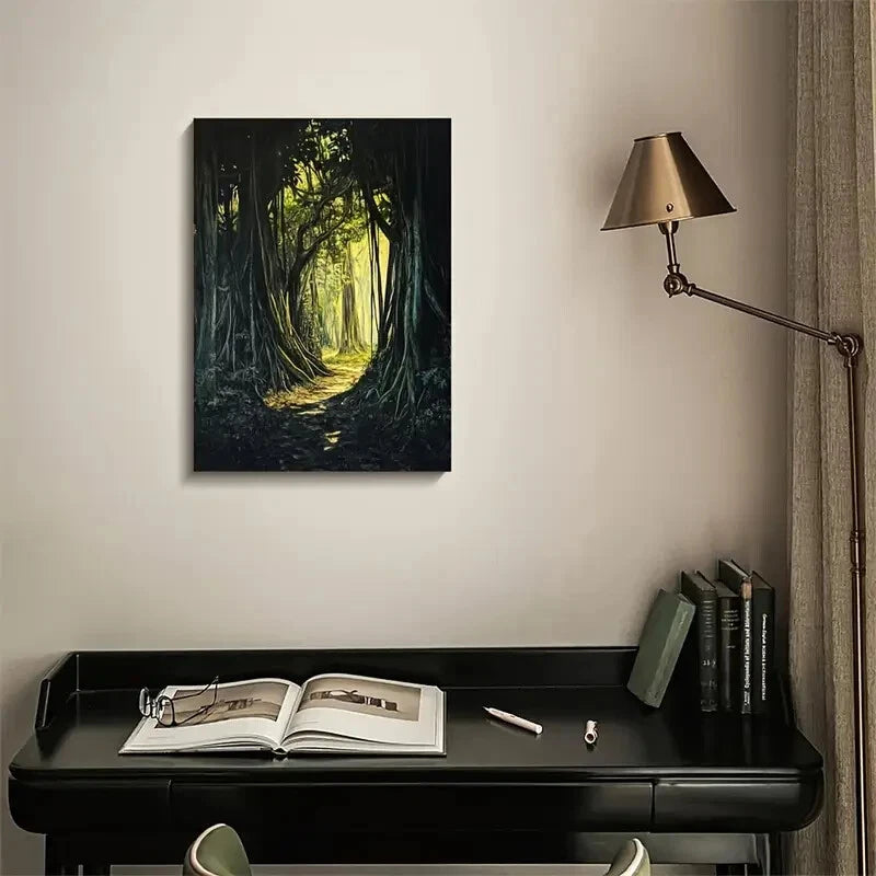 Lush Banyan Forest with Sunlit Painting 40x60cm Metal Print Ready to Hang