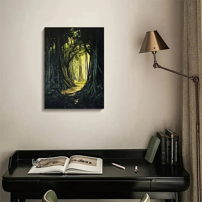 Lush Banyan Forest with Sunlit Painting 40x60cm Metal Print Ready to Hang