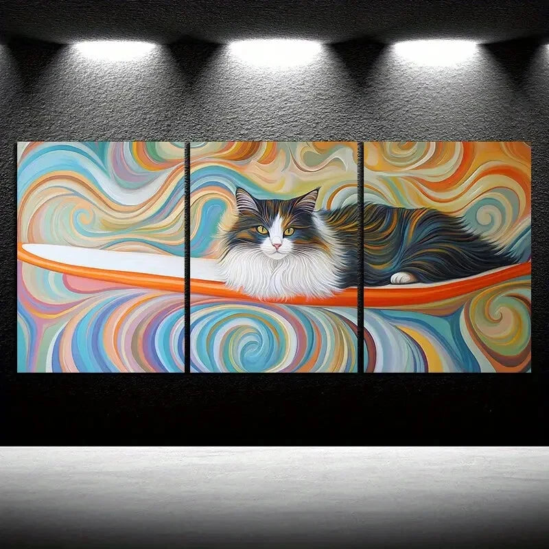 3pcs The Cat On The Surfboard Metal Print Ready to Hang Art