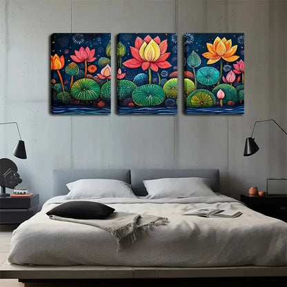 3pcs Colorful Lotus Flowers Triptychs Perfect Wall Art Set Canvas Framed 40x60cm - High Quality Print 100% Australian Made Wall Canvas Ready to Hang
