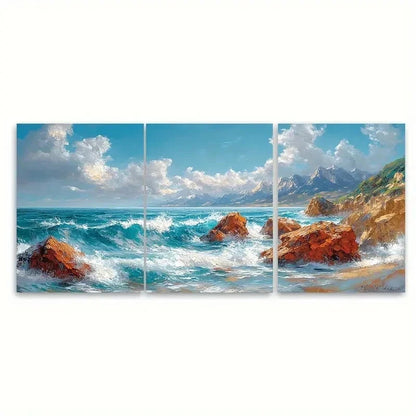 3pcs Rocky Turquoise Seascape DF  Wall Art Set Canvas Framed 50x70cm - High Quality Print 100% Australian Made Wall Canvas Ready to Hang