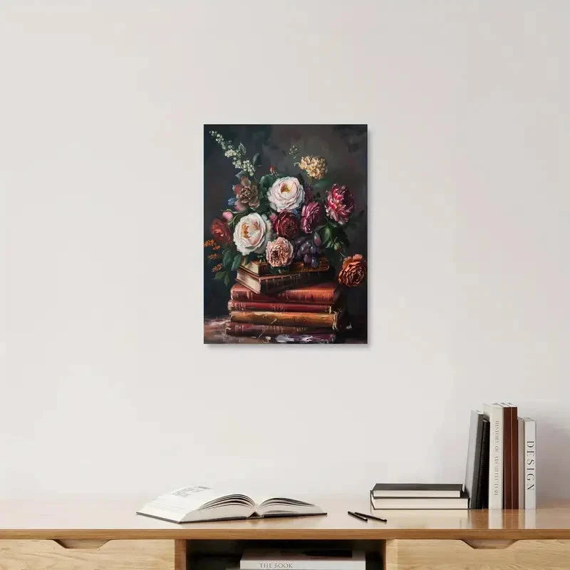 Vibrant Floral Bouquet On Books Painting 40x60cm Metal Print Ready to Hang