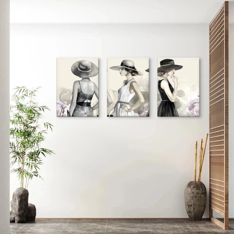 3pcs Elegant Fashion Illustration Women in Hats Wall Art Set Canvas Framed 60x90cm - High Quality Print 100% Australian Made Wall Canvas Ready to Hang