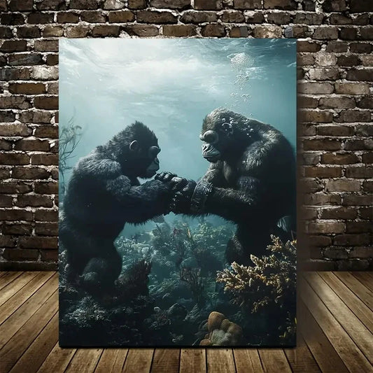 Gorillas Playfully Wrestling Underwater in Coral Reef 40x60cm Metal Print Ready to Hang