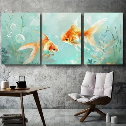 3pcs Vibrant Orange Serene Goldfish Pond Metal Print Ready to Hang Art