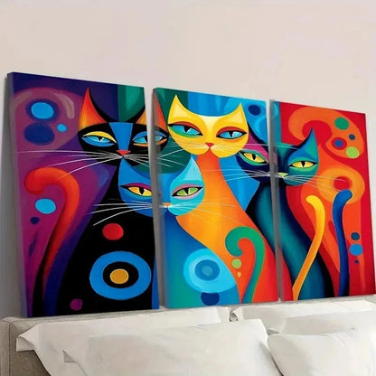 3pcs Colorful Cat Lovers Abstract Design Wall Art Set Canvas Framed 50x70cm - High Quality Print 100% Australian Made Wall Canvas Ready to Hang