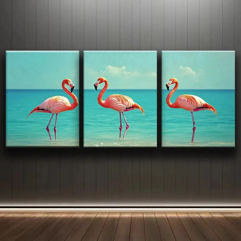 3pcs Pink Flamingos Trio Wall Art Set Canvas Framed 50x70cm - High Quality Print 100% Australian Made Wall Canvas Ready to Hang
