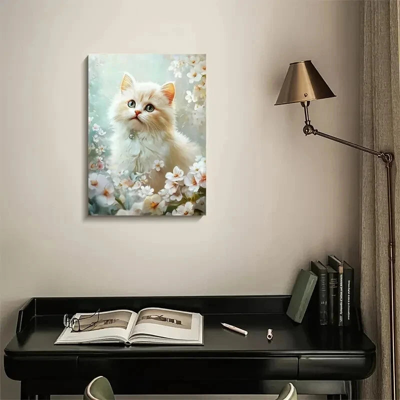 Cute Persian Cat Kitten with Flowers Painting 40x60cm Metal Print Ready to Hang