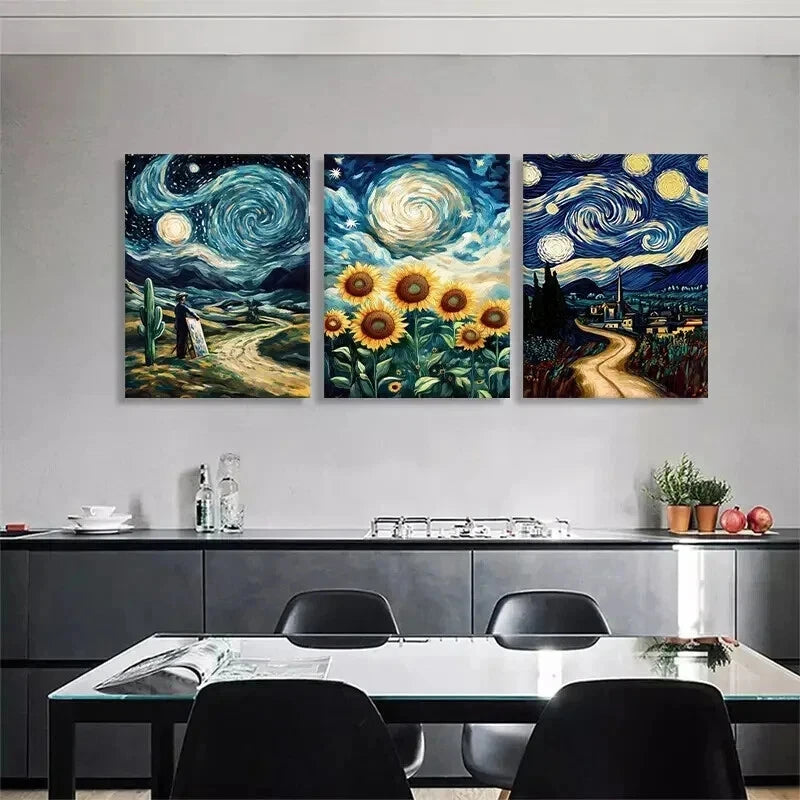 3pcs Starry Night Sunflower Swirl Sky Perfect Wall Art Set Canvas Framed 40x60cm - High Quality Print 100% Australian Made Wall Canvas Ready to Hang