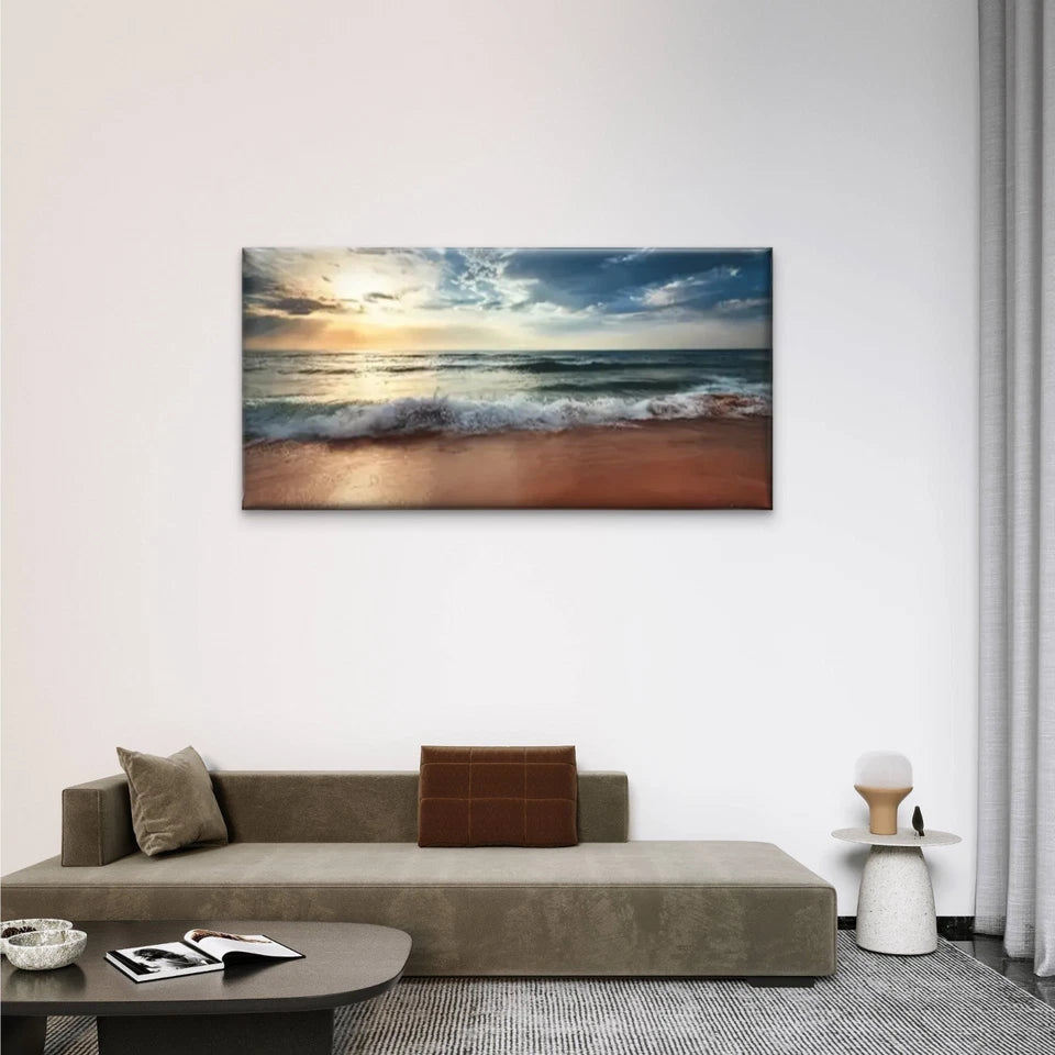 Sea Wave Ocean Sunset Wall Art Canvas Office Home Room Framed 120x60cm