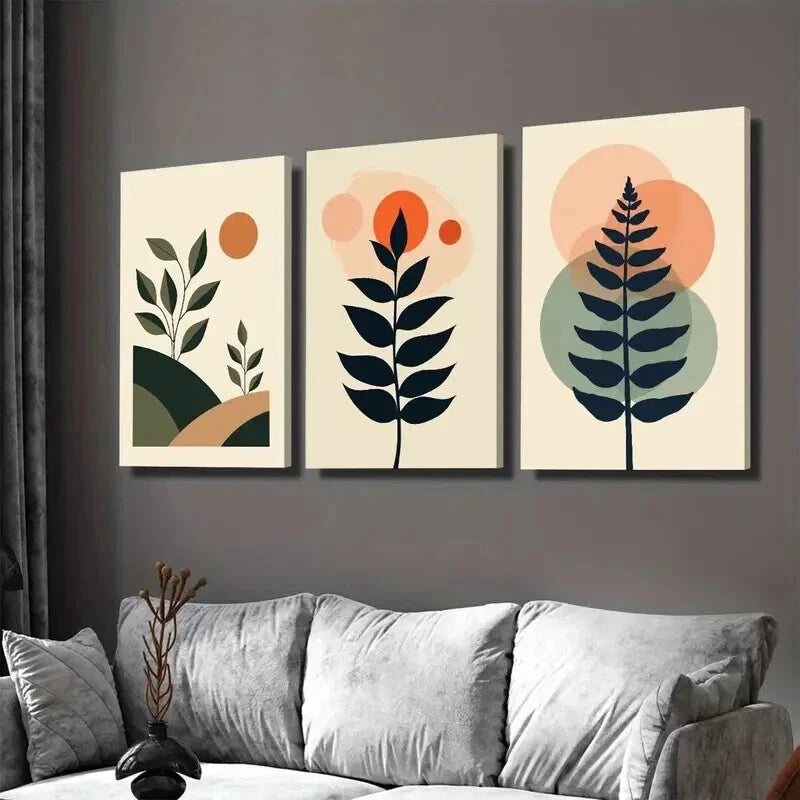 3pcs Modern Abstract Botanical 3 Minimalist Leaf Wall Art Set Canvas Framed 50x70cm - High Quality Print 100% Australian Made Wall Canvas Ready to Hang