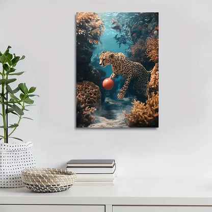 Dreamlike Cheetah Playing with Ball Painting 40x60cm Metal Print Ready to Hang