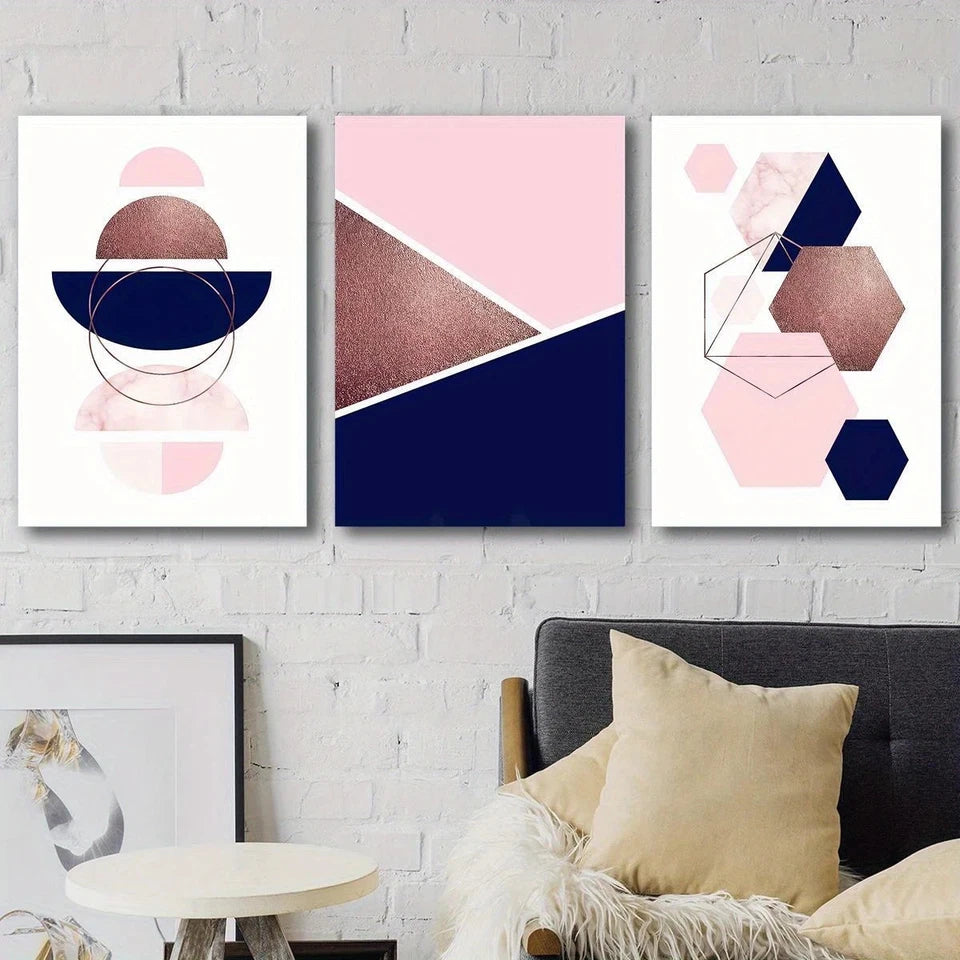 3pcs Modern Geometric Navy & Pink Abstract Designs Metal Print Ready to Hang Art