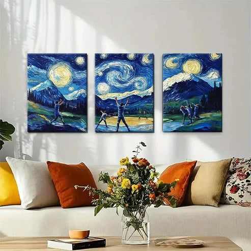 3pcs Baseball Starry Gogh Style Night Perfect Wall Art Canvas Unframed – High Quality Print 100% Australian Made Wall Canvas