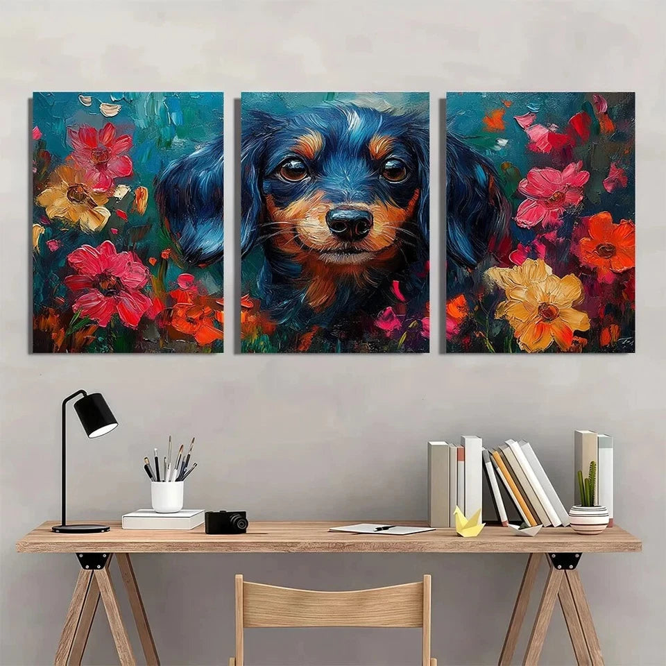 3pcs Dachshund Dog Colourful Flowers Metal Print Ready to Hang Art