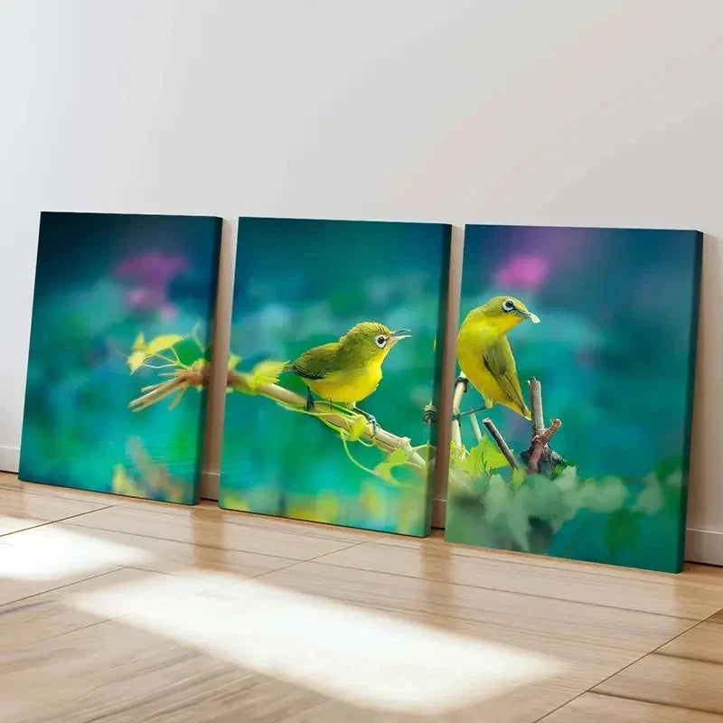 3pcs Vibrant Green Birds on Branch Wall Art Set Canvas Framed 40x60cm - High Quality Print 100% Australian Made Wall Canvas Ready to Hang