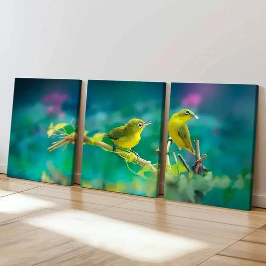 3pcs Vibrant Green Birds on Branch Wall Art Set Canvas Framed 40x60cm - High Quality Print 100% Australian Made Wall Canvas Ready to Hang