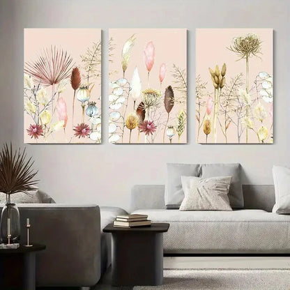 3pcs Soft Pink Floral Abstract Flower and Grass Metal Print Ready to Hang Art