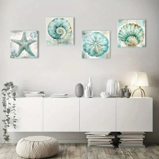 4pcs Coastal Conch Teal Vintage Beach Shell Pict Wall Art Canvas Framed