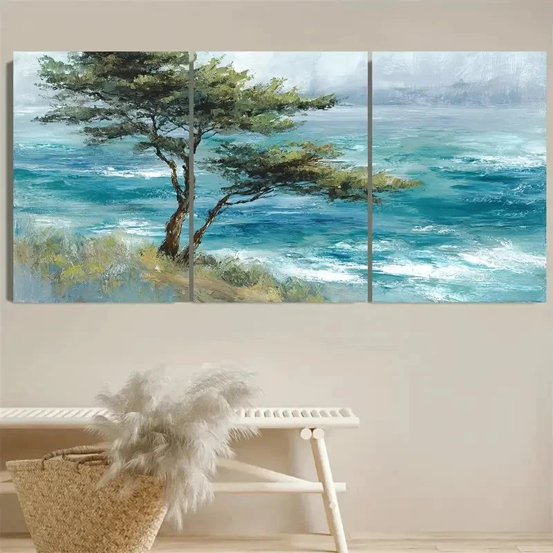 3pcs Coastal Whisper Pine Trees Modern Seascape Wall Art Set Canvas Framed 40x60cm - High Quality Print 100% Australian Made Wall Canvas Ready to Hang