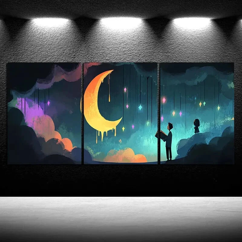 3pcs People Read Under The Moon Metal Print Ready to Hang Art