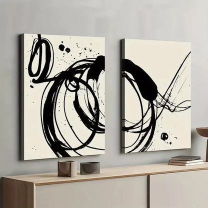 2 Piece Abstract Black Ink Art Framed 50x75cm - High Quality Print 100% Australian Made Wall Canvas Ready to Hang - Bella Home Decor