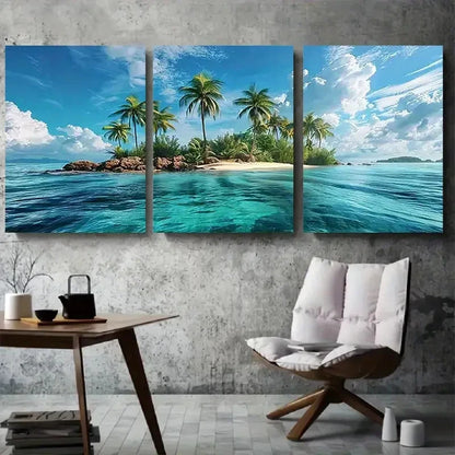 3pcs Tropical Beach Palm Trees and Clear Ocean Metal Print Ready to Hang Art
