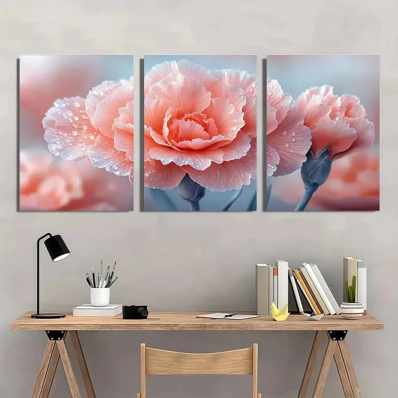 3pcs Pink Carnation Flower Droplet Perfect Wall Art Set Canvas Framed 40x60cm - High Quality Print 100% Australian Made Wall Canvas Ready to Hang