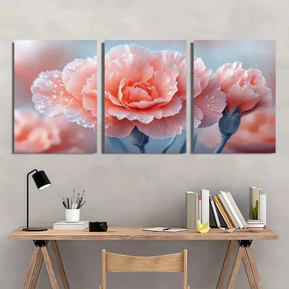 3pcs Pink Carnation Flower Droplet Perfect Wall Art Set Canvas Framed 40x60cm - High Quality Print 100% Australian Made Wall Canvas Ready to Hang